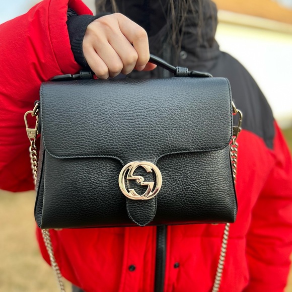 Gucci Dollar Calfskin Interlocking G Top Handle Shoulder Bag Black - Picture 3 of 15